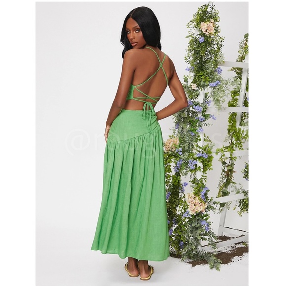 Asymmetrical Green Dress Cut Out Ruched Maxi Lace Up Back - Picture 2 of 15